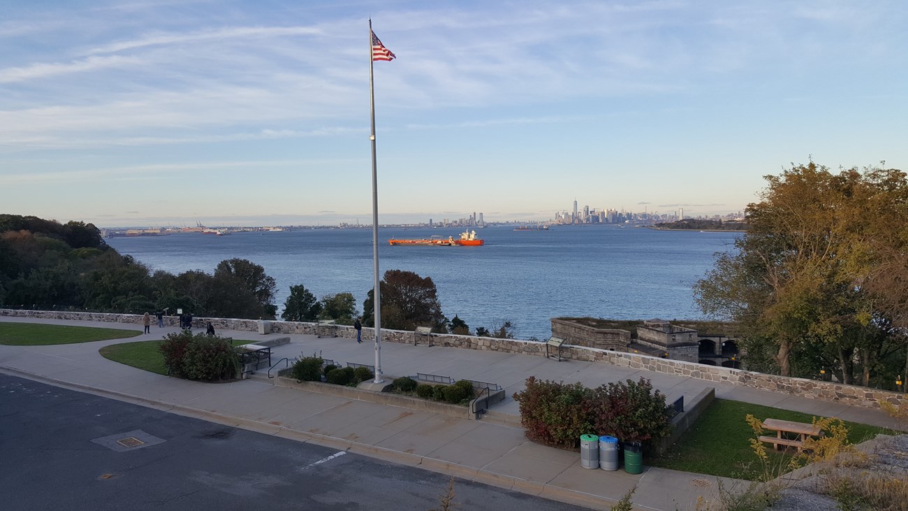 New York Harbor and a flagpole viewed from the Fort Wadsworth overlook.